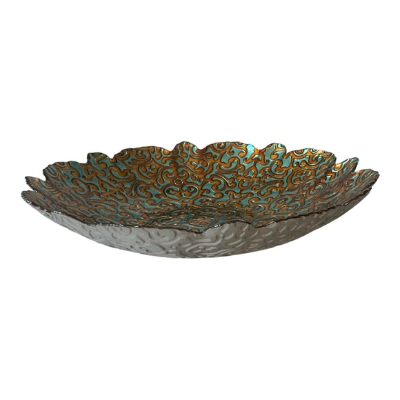 ArdaCam Hand Painted Turquoise & Bronze Glass 12” Round Serving Platter Bowl - Picture 7 of 16